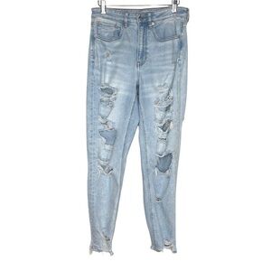 American Eagle Womens Stretch Distressed Mom Jean Sz 6 Blue Light Wash Destroyed